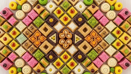Fototapeta premium A vibrant display of assorted sweets in a colorful arrangement, evoking the feeling of indulgence and deliciousness