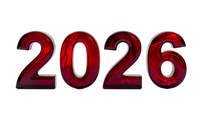 Glossy ruby numbers "2026" float against a stark black background