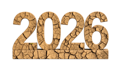 Year 2026 constructed of cracked, arid earth, against black backdrop