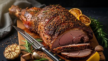 Roasted lamb leg, a culinary masterpiece on a wooden cutting board with rosemary, garlic and lemon