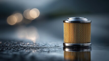 A close-up image of a cylindrical filter on a reflective surface, with soft bokeh lights in the background.