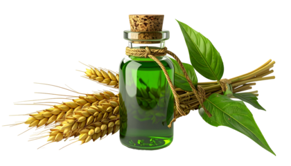 A glass bottle with green liquid, wheat, and green leaves on a black bg