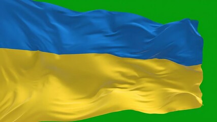 Vibrant Ukrainian National Flag Waving Proudly in the Wind Against a Green Screen for Easy Chroma Key Compositing and Patriotic Visual Effects Representing National Identity and Freedom.