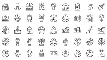 A collection of simple black and white line icons representing various eco-friendly concepts, nature, sustainability, and technological applications