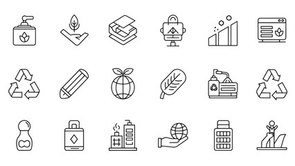 A collection of simple black and white line icons representing various eco-friendly concepts, with focus on nature, and sustainable actions