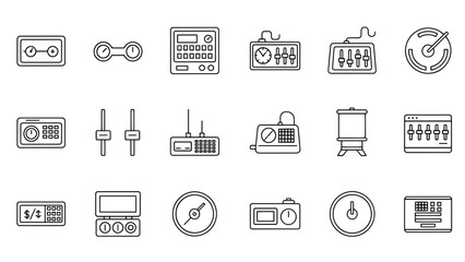 A collection of simple black and white line icons representing various electronic components and instruments, illustrating technical and digital tools