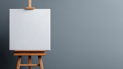 A blank canvas on a wooden easel against a gray wall, symbolizing creativity and the potential for artistic expression.