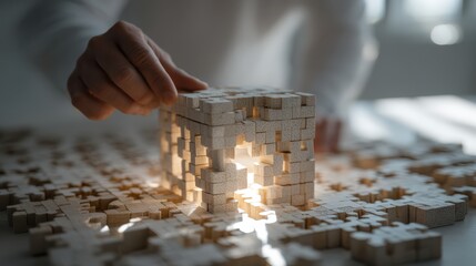 A hand is assembling a cube from light-colored puzzle pieces, with illuminated gaps creating a captivating visual effect on a table.