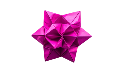 Bright pink origami structure with a complex geometric design