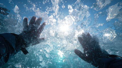 Gloved hands of cold weather explorer breaking crystal ice chunks against bright winter sky and sparkling water, concept of extreme arctic adventure