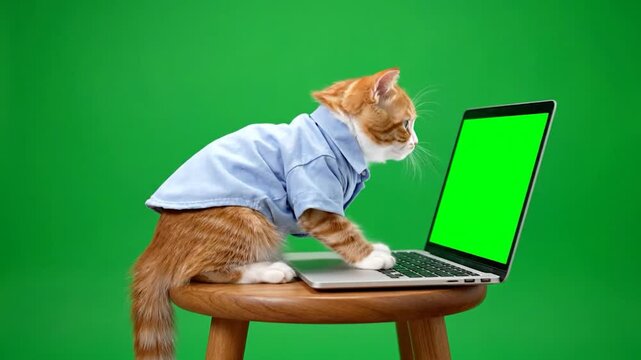 An orange cat in a blue shirt types on a laptop with a green screen on a wooden stool