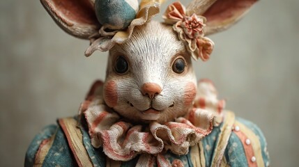 Whimsical rabbit figurine in teal and coral costume with ruffled collar and fabric flowers, close-up in the foreground, soft pastel background with gentle bokeh, concept of vintage fairytale nostalgia