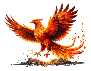 A vibrant, fiery phoenix with outstretched wings and a detailed, glowing form
