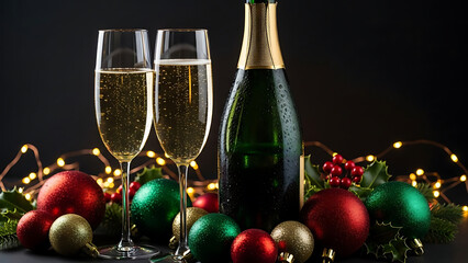 Celebratory champagne with holiday decorations