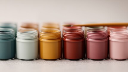 A row of colorful paint jars with a brush, showcasing an array of vibrant pigments ready for artistic creation.