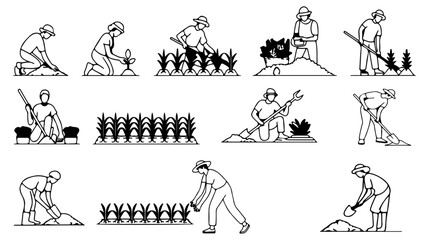 People engaged in various gardening and agricultural activities, from planting to harvesting