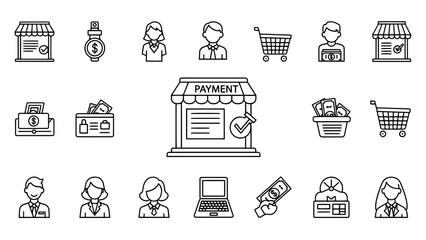 A collection of simple black and white line art illustrations depicting business and commerce elements, including transactions, people, and shopping carts