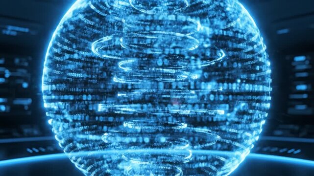 Glowing digital globe holographic sphere blue data binary code texture futuristic interface virtual network Holographic digital globe with blue data streams and binary code floating above futuristic