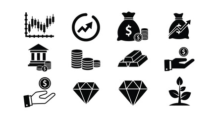 Illustrative financial icons depicting growth wealth currency and investment opportunities a black silhouette