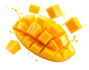 Fresh, diced tropical fruit; splash of juice, floating cubes on a black backdrop