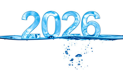 Aqua-toned "2026" emerges from clear blue water on black background