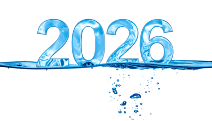 Aqua-toned "2026" emerges from clear blue water on black background