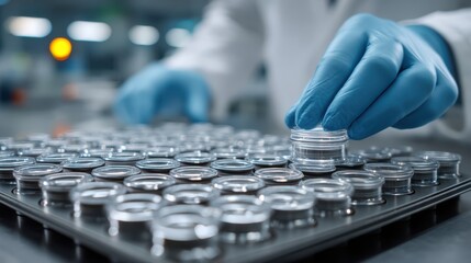 A laboratory worker is carefully handling glass containers with blue gloves, emphasizing precision in a scientific setting.
