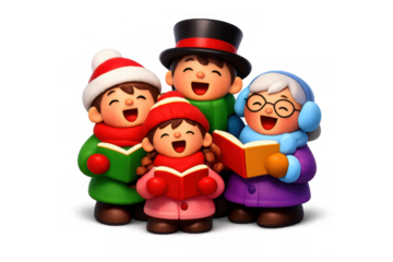 Festive caroling joy with happy singers in winter attire for holiday cards and posters