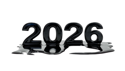 Glossy black "2026" numbers with reflection on a dark surface