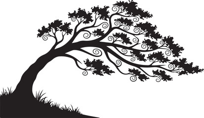 Artistic black silhouette of a bent tree with ornamental swirl branches