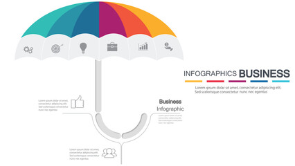 Business Umbrella Infographic. Colorful Segmented Umbrella Protection Concept with 6 Icons. Professional Vector Template for Comprehensive Strategy, Risk Management, and Insurance Coverage © RANA