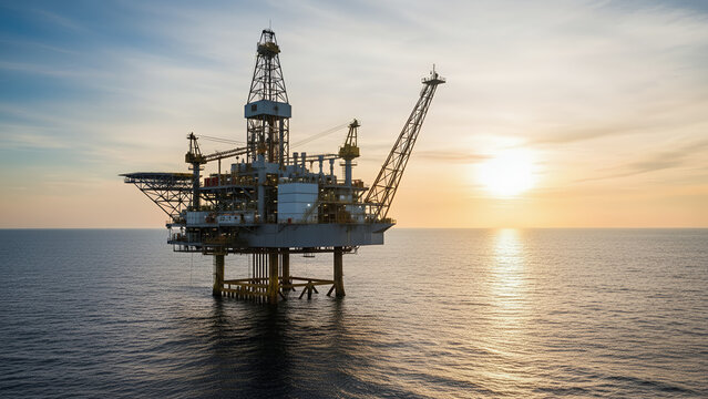 Offshore Oil Rig Platform Operating in Open Sea at Sunset Energy Industry Photography