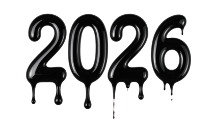 Glossy black year 2026 font dripping against a stark black backdrop