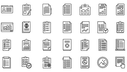 A collection of simple black and white line art icons depicting various documents, reports, charts, forms and checklists