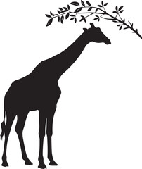 Fototapeta premium Minimalist Black Giraffe Silhouette Reaching for Tree Branch on White