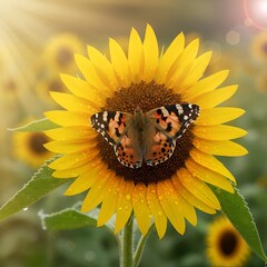 Butterfly Sunflower Yellow Petal Summer Blossom with Warm Golden Sunlight Glow