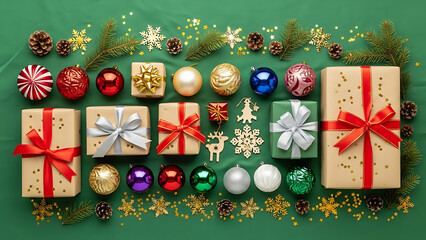 Festive gift boxes with ornaments