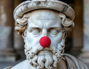 Aged stone Socrates statue with a funny red clown nose