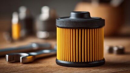 A close-up of an oil filter, showcasing its intricate design, surrounded by tools on a wooden surface, emphasizing automotive maintenance.
