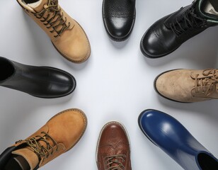 Artistic overhead view of blue umbrella and pink boots