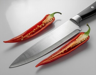 Artistic still life of chili slices and knife edge
