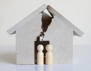 Broken paper house with small people figures arguing