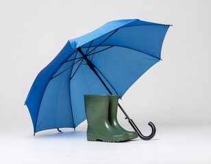 Blue umbrella open with green rain boots placed underneath