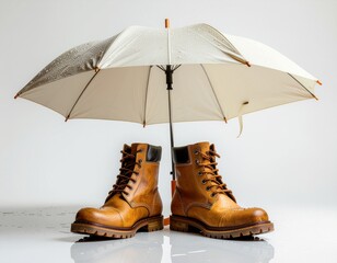 Concept photo of rainy-day gear with umbrella and boots