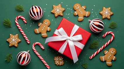 Holiday gift box with gingerbread cookies and decorations