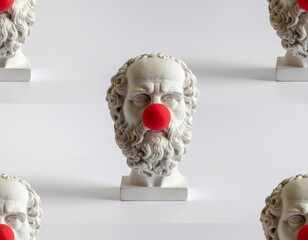 Creative concept of serious Socrates statue with clown nose