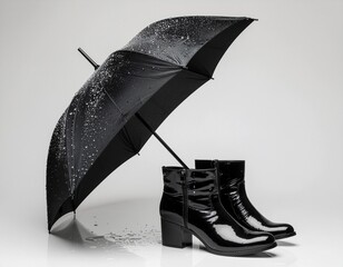 Elegant black umbrella paired with shiny high-fashion boots