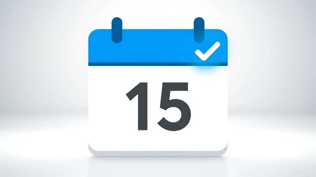 A stylized calendar with the number 15 prominently displayed. It has a blue header and white body