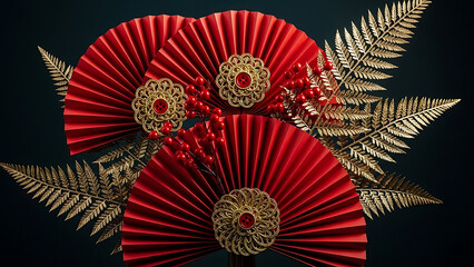 Red paper fans with golden embellishments