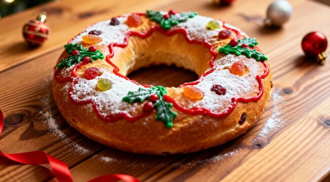 Traditional Spanish Roscon de Reyes with christmas decoration on wooden table